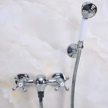 

Polished Chrome Brass Bathroom Hand Held Shower Head Faucet Set Mixer Tap Dual Cross Handles mna279