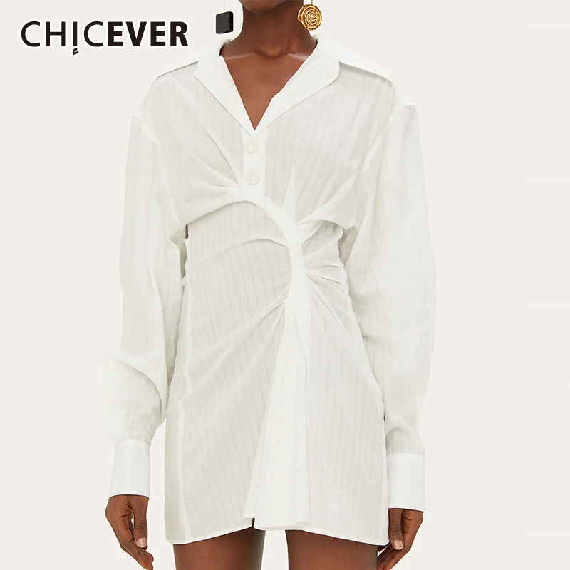 

CHICEVER Asymmetrical Ruched Dress For Women Lapel Collar Long Sleeve High Waist Casual Dresses Female 2019 Autumn Fashion New