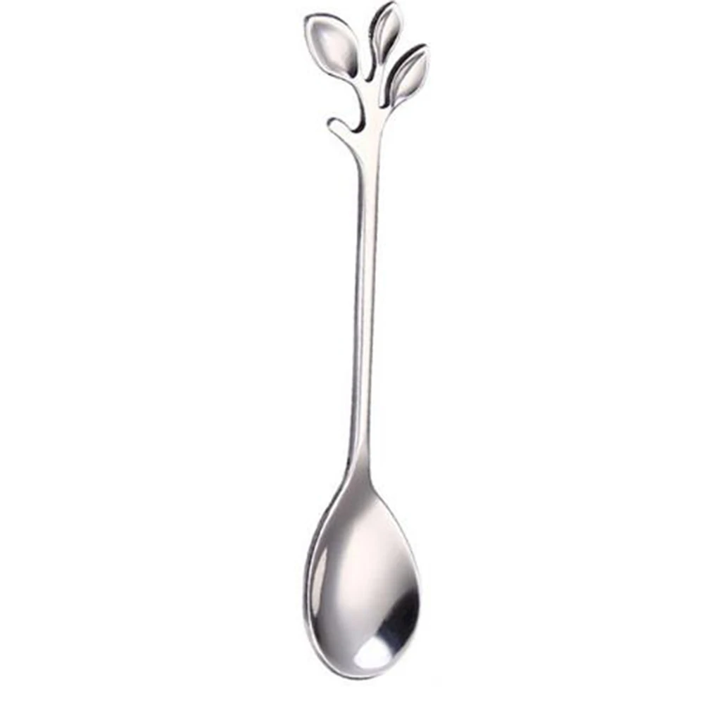 Silver Spoon Нержавеющая сталь креативная ручка в форме листа ложка для чая и кофе Десерт закуска Совок вилка пара ложка/вилка кухонная посуда - Цвет: Silver Spoon