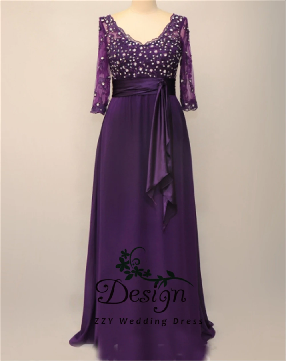 

Real Images Half Sleeves V-neck Tulle And Chiffon Purple Crystals Beading Sash Asymmentric Full-Length Mother Bride Dresses 2020