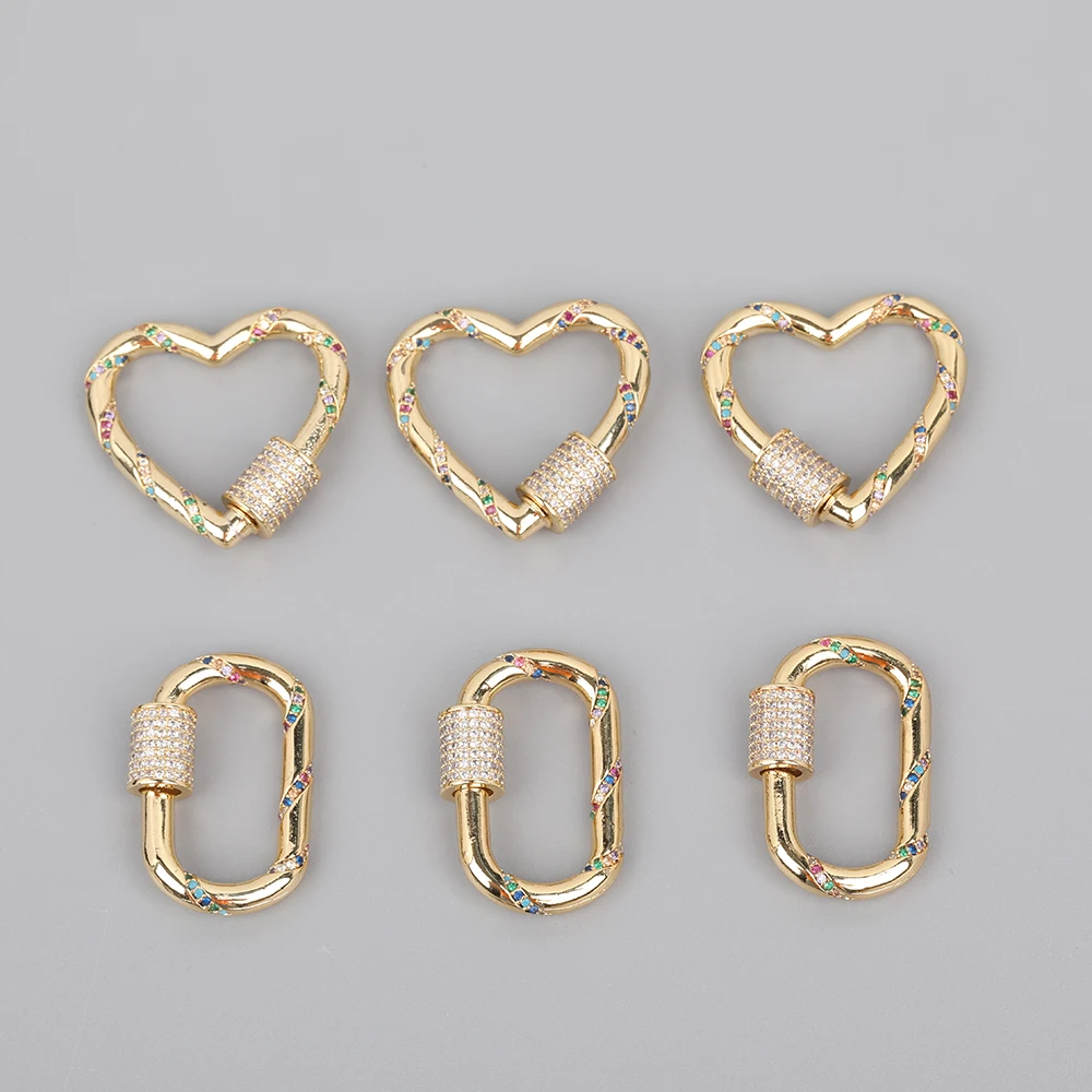 

5pcs/Lot 18x29mm Rainbow CZ Micro Pave Oval Heart Shape Lock Screw Clasps Zirconia Carabiner Clasps For DIY Jewelry Accessories