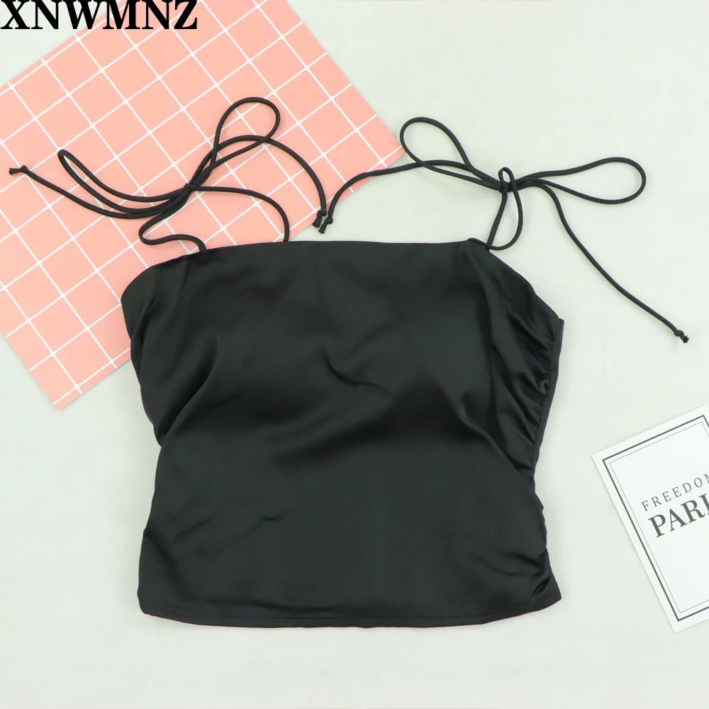 

XNWMNZ Slim Like Silk Black Women crop top Vintage Adjust Spaghetti straps women Camis Fashion Satin Women Tank Top za 2020women