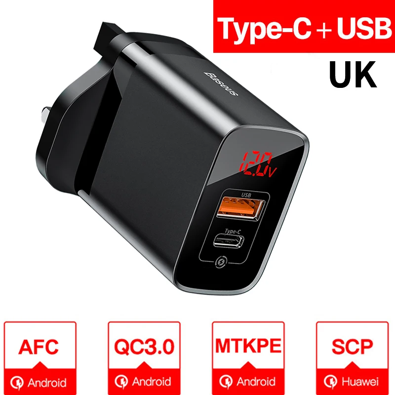 UK Plug Black PD C Baseus Quick Charge 3,0 USB зарядное устройство для iPhone samsung Xiaomi huawei мобильный телефон 18 Вт PD3.0 PD QC3.0 QC usb type C быстрое зарядное устройство - Тип штекера: UK Plug Black PD C