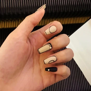 

24pcs French False Nails Faux Ongle Pure Color Milk Coffee Full Nail Tips Geometric Pattern Pearl Fake Nails