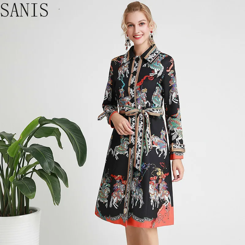 

SANIS Designer Windbreaker Overcoat Autumn winter Women Long sleeve Lace Up Single-breasted Black Print Overcoat