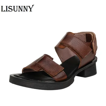 

LISUNNY 2020 Women Leather Sandals Med Heels Summer Shoes For Women Soft Genuine Leather Beach Sandals Casual Shoes