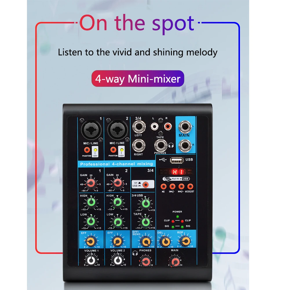 4 канала, вечерние, студийные, Bluetooth, портативные, Live Audio KTV, караоке, мини-микшер, USB, стерео, Профессиональный микшерный пульт, звук