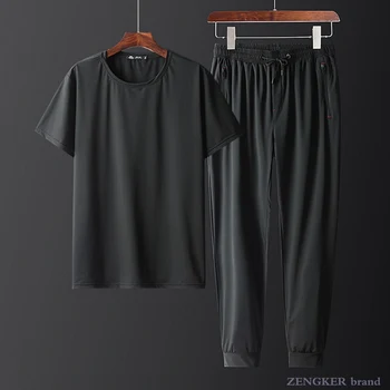 

Men's suit ice silk summer plus fertilizer XL trend short-sleeved T-shirt long pants two-piece suit was thin 6xl130 kg