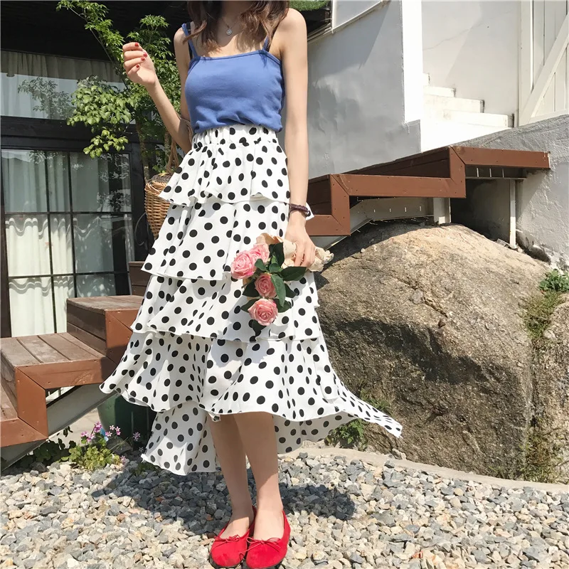 

Korean-style Big Hemline Cake Dress Polka Dot Chiffon Printed Skirt Photo Shoot