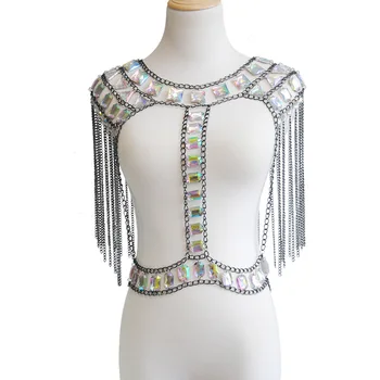 

Womens Crystal Tassel Crop Tops Sexy Boho Bralette Bra Bikini Metal Body Chains
