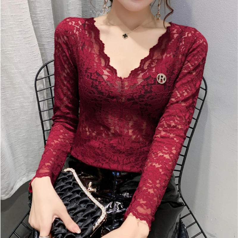 blusas rojas mujer Blusas Long Sleeve 5 Color New 2022 Spring Lace Shirt  Women Tops Slim Elegant Lace Women Blouse Shirt 202E|Blouse| - AliExpress