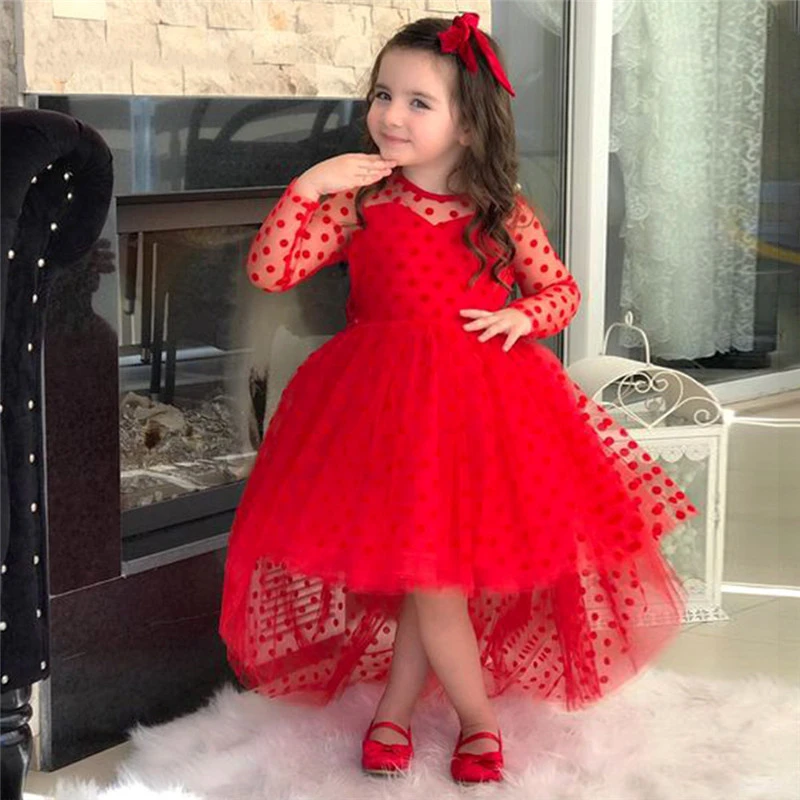 Vestido Rojo de lunares para niñas, manga larga, vestidos de princesa pequeña, vestido de niña de flores bebé, talla personalizada|Vestidos| - AliExpress