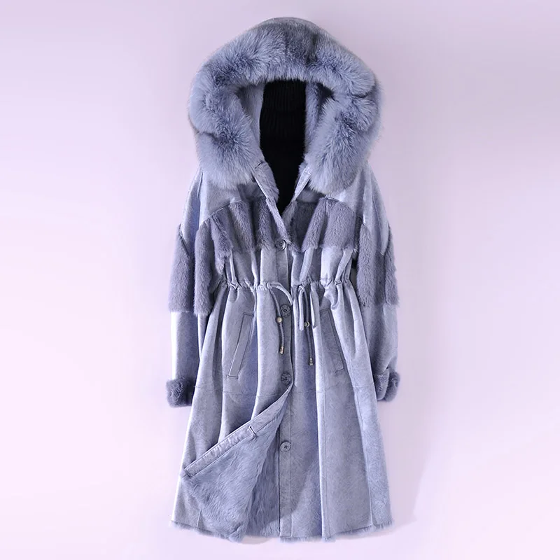 Blue Парка с подкладкой из натурального кроличьего меха, женская зимняя куртка из натурального Лисьего меха с капюшоном, Женская куртка, корейский стиль, винтажный Топ Hiver 091602 - Цвет: Blue