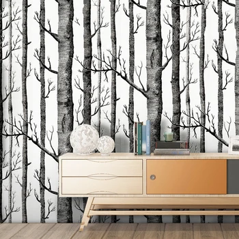 

Modern minimalist black and white wood self-adhesive wallpaper birch tree background wall decoration wall sticker