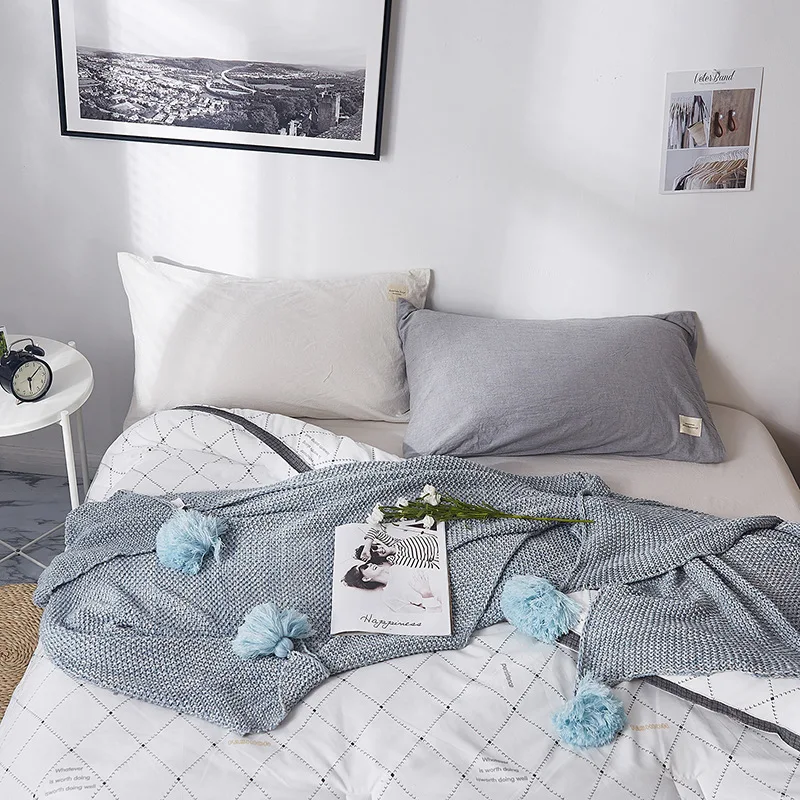 Хлопковое трикотажное одеяло в скандинавском стиле с шариковыми кисточками, диван, домашнее одеяло s 130 см x 170 см
