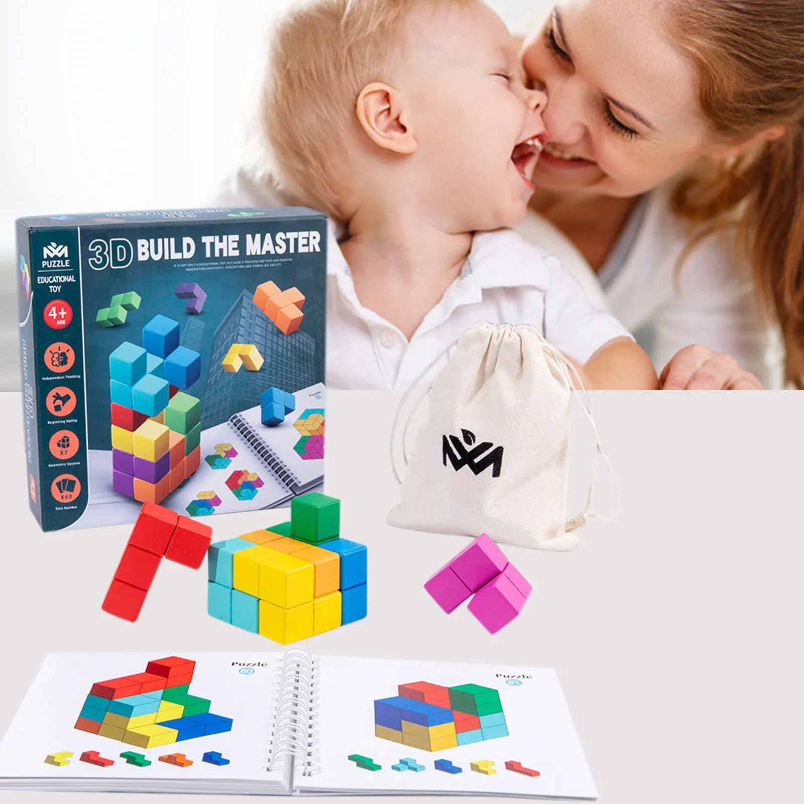 Caixa de Quebra-cabeças de Madeira Empilhamento de Jogos com Tijolos Brinquedos para Crianças Colorida Coloridos 9 Cubos mágicos