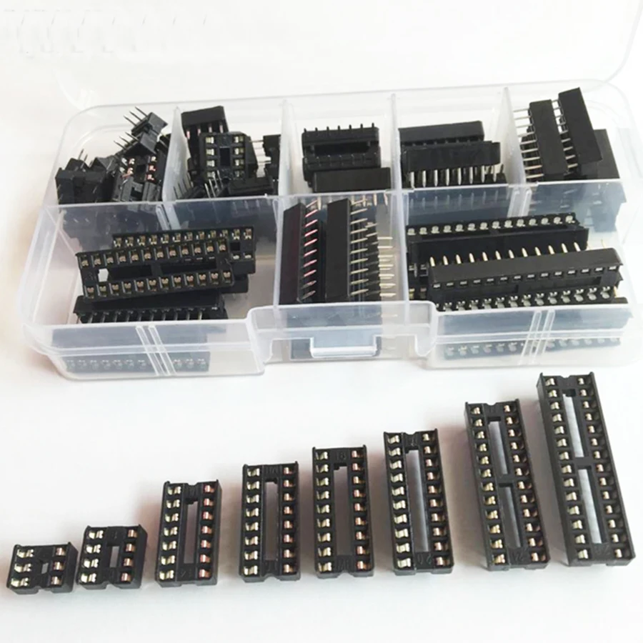 

66pcs/lot Connector IC Sockets DIP6/8/14/16/18/20/24/28 pins for NE555 74HC IC Adaptor Socket Kit Solder Type Socket Kit
