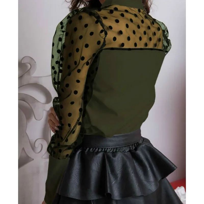 Fashion Womens Mesh Long Puff Sleeve Polka Dot Printed Bow knot Blouse Shirts Fashion Womens Mesh Long Puff Sleeve Polka Dot Printed Bow knot Blouse Shirts