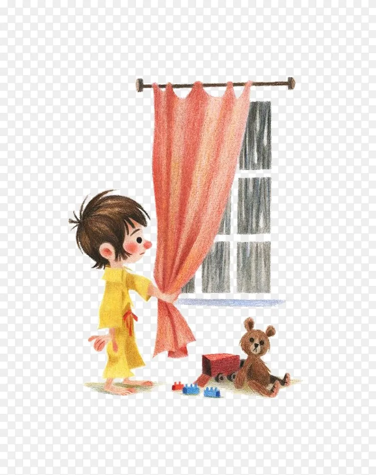 幼儿园幸运窗帘插图-拉窗帘男孩