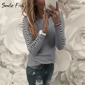 

Beading Knitted Ribbed Tshirts Autumn Winter Women T-shirts Hollow Out Long Sleeve Basic Top O-Neck Pearl Casual Tees G1010