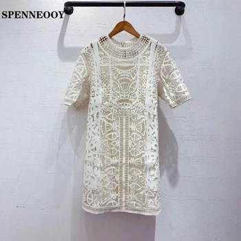 

SPENNEOOY Designer Custom Runway Women Summer Genuine Leather Loose Dress Silk Lining Hollow Out Vintage White Mini Dresses