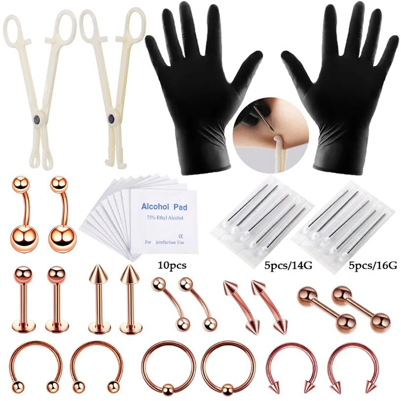 42pcs/set Professional Body Piercing Needle Tool Tongue Nose Belly Eyebrow Lip Nose Ring
