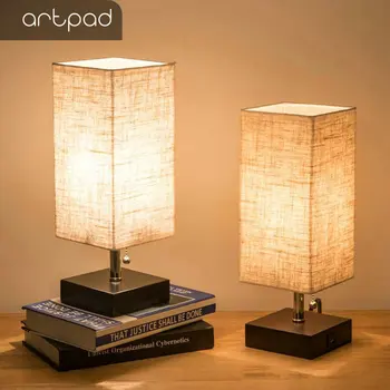 

Modern Design Bedside Table Lamps with USB Charging Port Wood Base Fabric Square Nightstand Table Light Bedroom Study Lighting