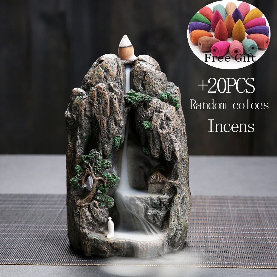 

With 20pcs Mountain Smoke Waterfall Backflow Incense Cones Resin Backflow Incense Burner Mountain Stream Censer Holder