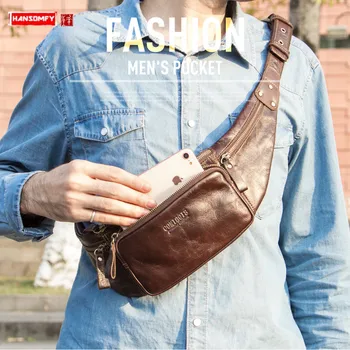 

Genuine Leather Men's Sports Waist Bag Multi-function Male Chest Bags Retro Waist Packs First Layer Cowhide Men Cow Leather