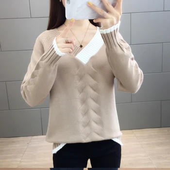 

2020 Autumn Winter New Warm Sweater Women Pullover V-neck Bottom Shirt Sweaters Korean Loose Long sleeve Sweater woman Tops Tide