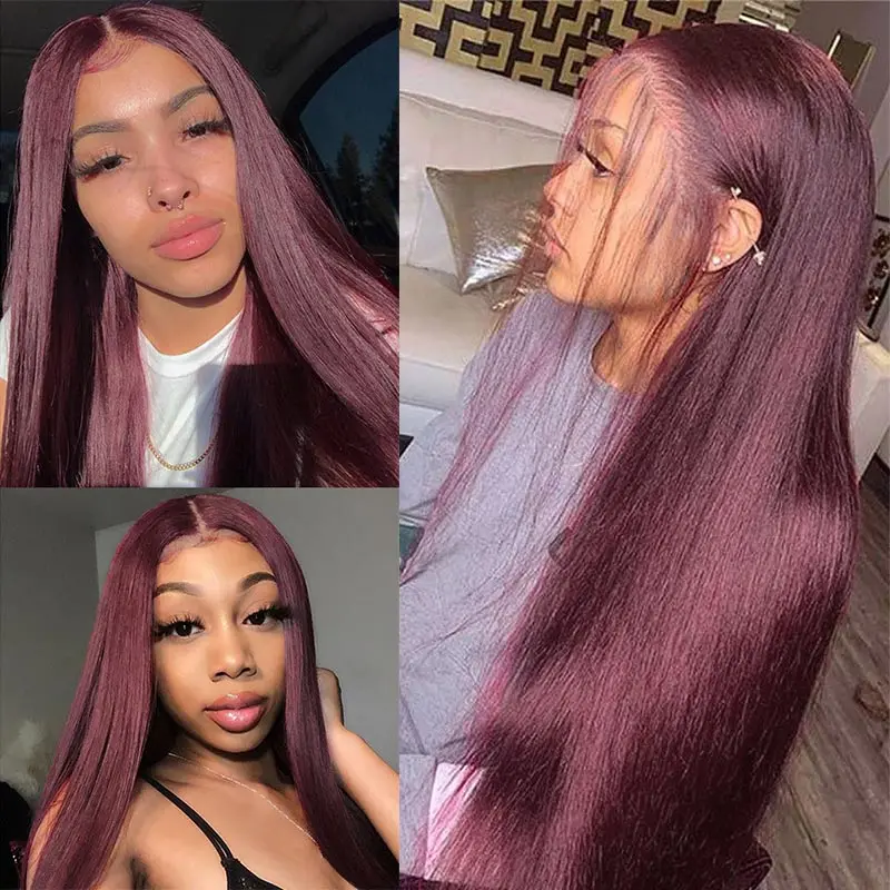 US $66.38 Burgundy Lace Front Human Hair Wigs 99j Human Hair Wig Brazilian Straight Lace Part Wig PrePlucked Remy Hair Shining Star 180