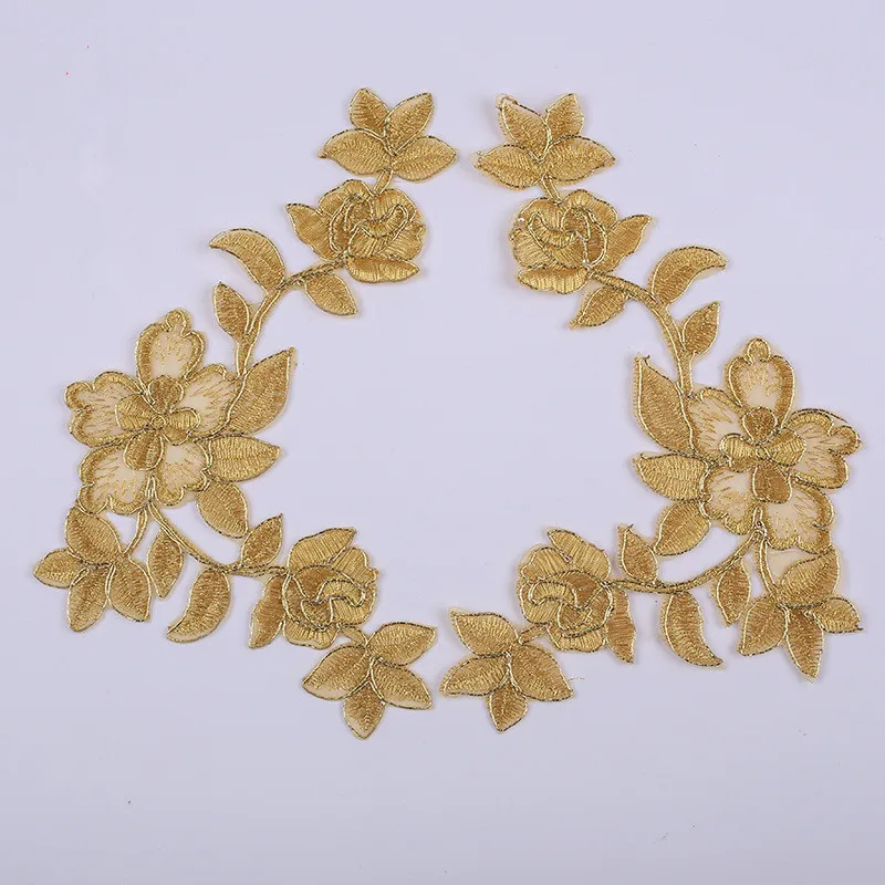 

1 Mirror Pair Iron on Cheongsam Motif Gold SIlver DIY Venise Lace Applique Collar Trim Lady Dress Decoration DIY 21X14cm BD0732