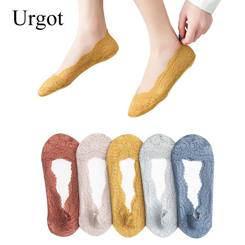 

Urgot 5 Pairs Spring Summer New Ladies Candy Color Lace Womens Socks Japanese Lace Invisible Shallow Mouth Cotton Silicone Socks