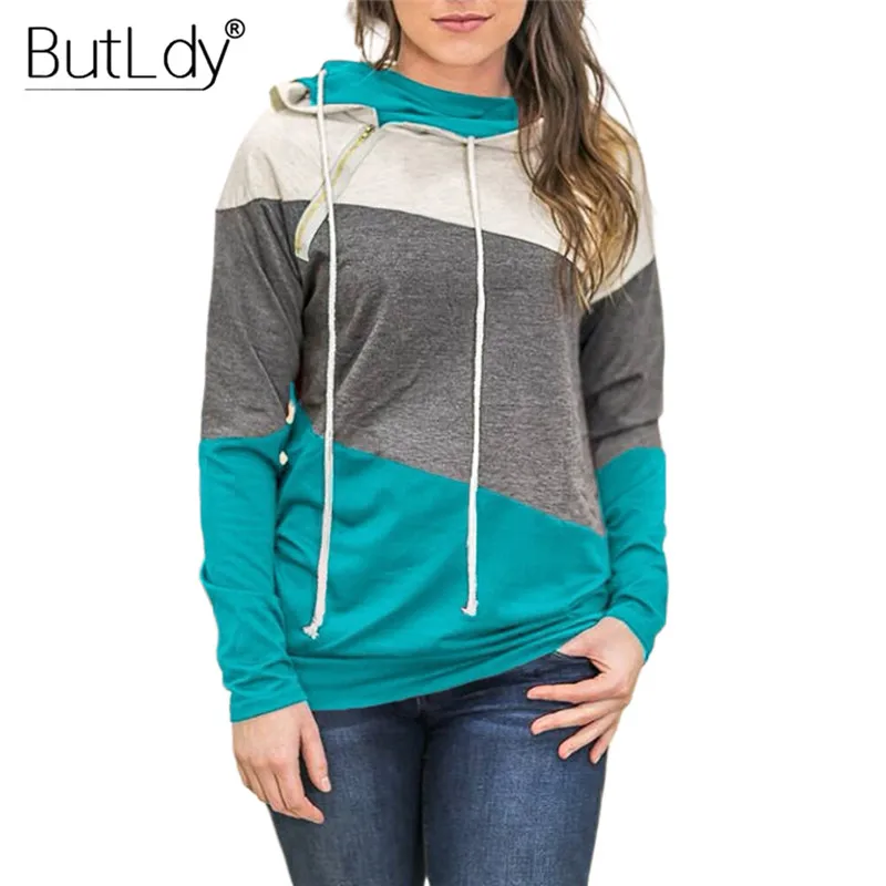 

Diagonal Zipper Stitching Hoodies Women Slim Drawstring Sweatshirts Autumn Winter 2019 New Style Long Sleeves Hoodies