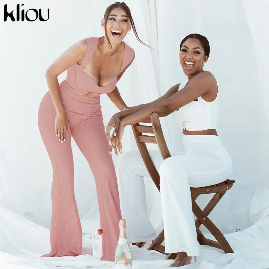 Kliou Knitted Elegant Fashion Two Piece Sets Women Buckle Tank+Flare Pants Solid Corset Loose High Waist Stretchy Bottoms Outfit |
