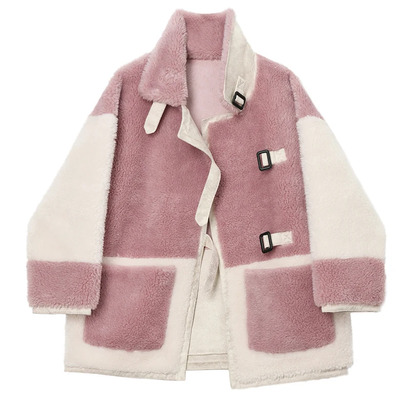 [EAM] Свободная куртка из овечьей шерсти контрастного цвета большого размера, новинка, Женское пальто с отворотом и длинным рукавом, модное осенне-зимнее пальто, 1K5320