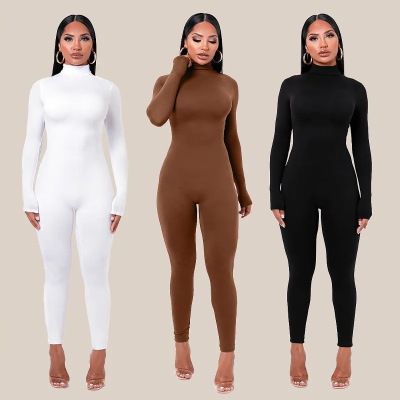 Plain Color Women Rompers 2021 Long Sleeve Solid Turtleneck Skinny Bodycon Jumpsuit Fashion Fitness Casual One Piece Overalls
