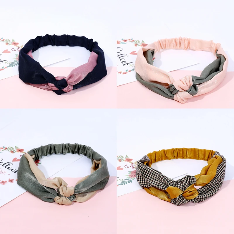 

Women Headband Vintage Silk Plaid Cross Knot Elastic Hair Bands Color Matching Soft Solid Girls Hairband Hair Accessories