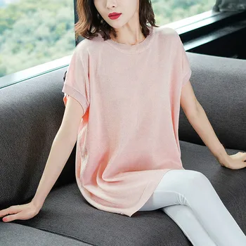 

Women Summer Short Sleeve Ice Silk Knitted Long Pink Sweater Plus Size Girls Thin Shiny Top Cute Knitwear Pullovers Office Wear