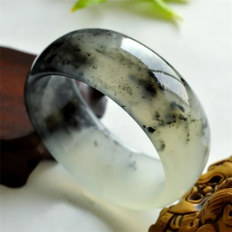

Natural hand-carved ink floating flowers widened jade bracelet Ice enamel jade bracelet women bangle