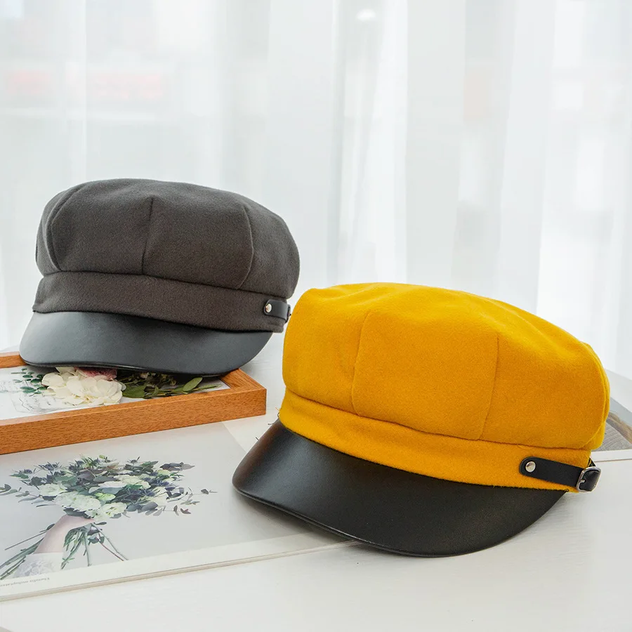 Шляпы женские вдоль кожи заклепки шерстяной берет Ins сплошной цвет Плоская Крыша темно-синяя шляпа мужская шапка