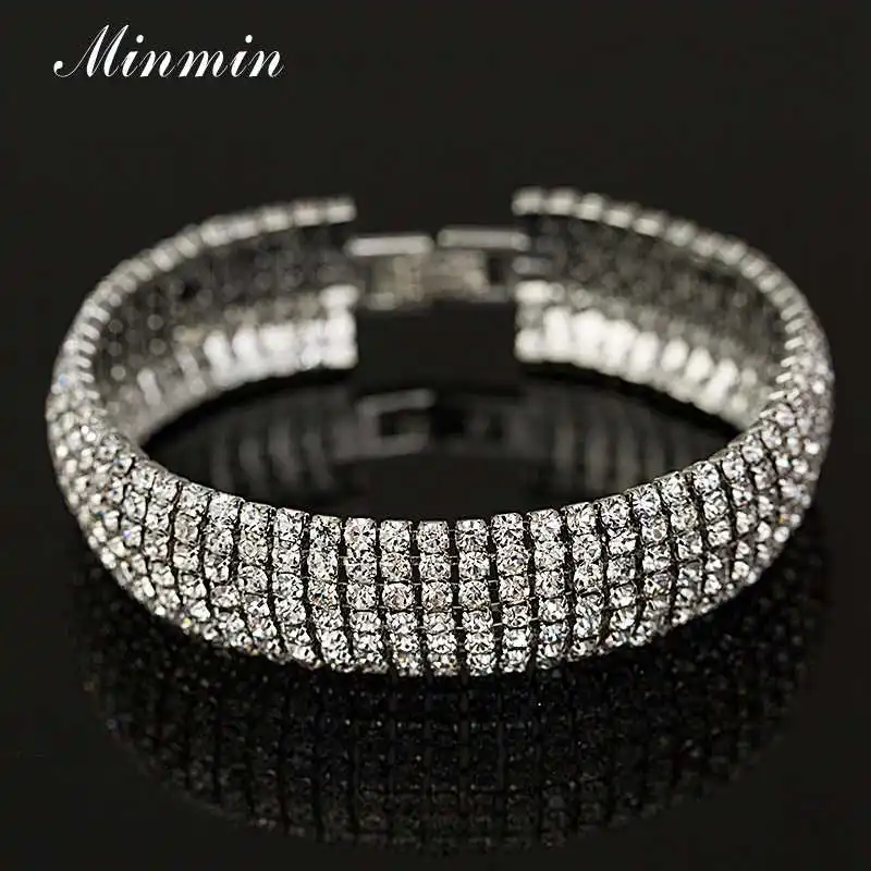 Minmin классический Серебряный Золотой цвет кристалл свадебные браслеты для женщин Блестящий Свадебный браслет, полностью из стразов и браслет ювелирные изделия MSL431
