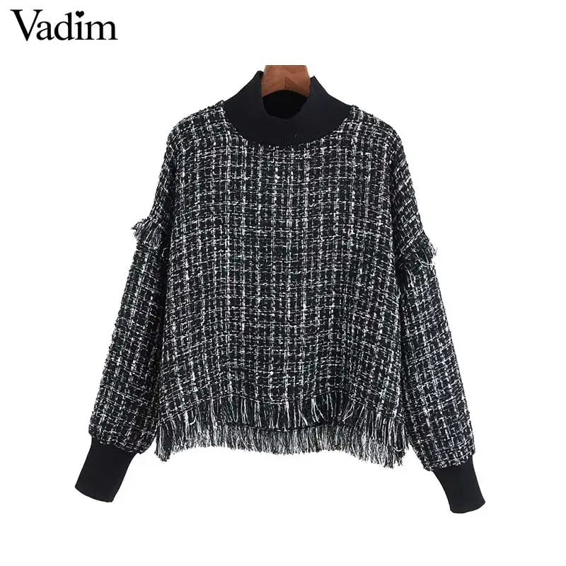 Vadim женский ретро твидовый в клетку Свободные толстовки с кисточками в стиле пэчворк пуловер с длинными рукавами Женский винтажный Модный Топ HA476