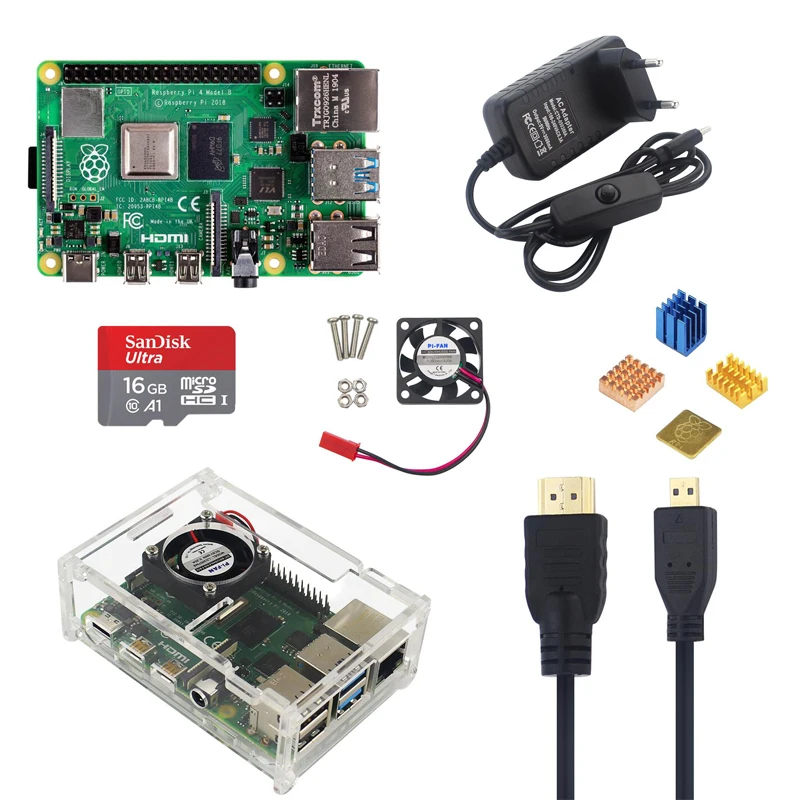 New Raspberry Pi 4 Model B 4G Kit with 5V 3A Power Adapter Acrylic Case Cooling Fan HMDI Cable Heat Sink 16/32G SD Card Optional