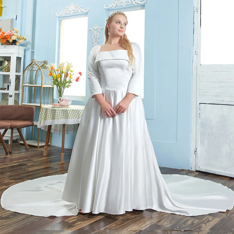 

Luxurious Square Collar Evening Dress Full Sleeves Empire Floor-Length Bow Simple A-Line New Plus Size Women Formal Gowns D1055