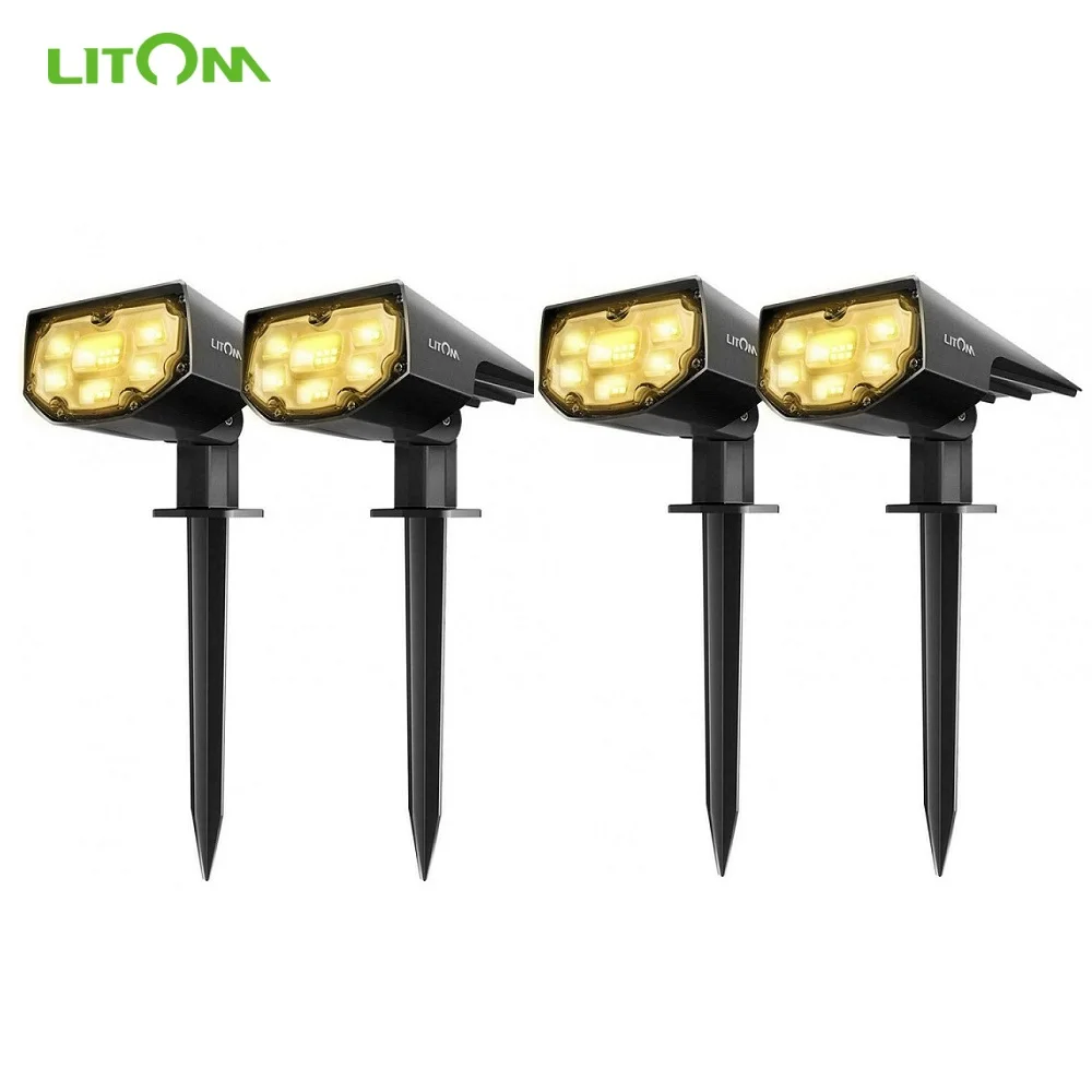 4 Packs LITOM Solar Landscape Lights 12 LEDs Warm White IP67 Waterproof Solar Lamp 2-in-1 Spotlights 2 Lighting Modes for Garden