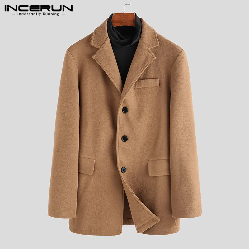 Camel Coats INCERUN мужские тренчи зимние брендовые из искусственного флиса Куртки модная верхняя одежда с длинными рукавами однотонные пальто на пуговицах уличная верхняя одежда - Цвет: Camel Coats