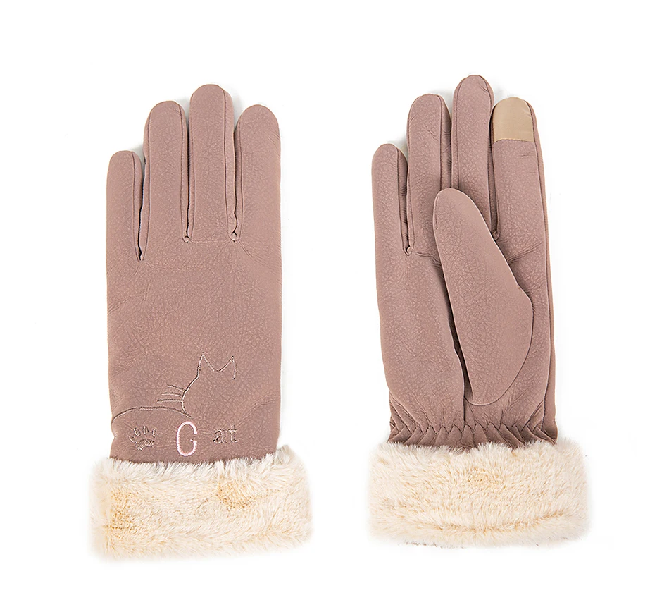 Водонепроницаемые зимние перчатки для женщин, дизайн, перчатки с сенсорным экраном, кожаные толстые теплые перчатки, женские эластичные варежки