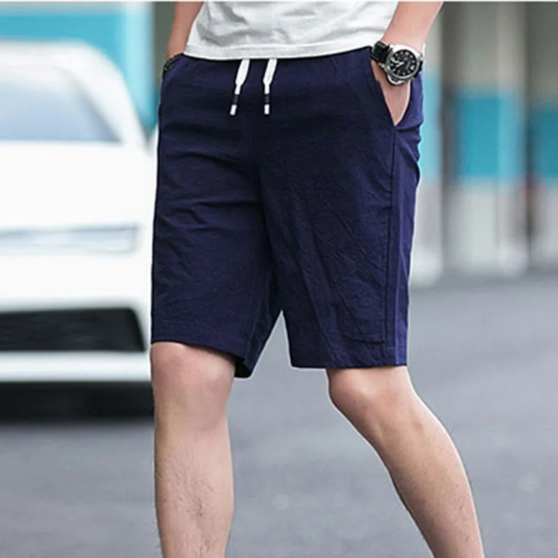 Dark blue Shujin M-6XL мужские повседневные льняные шорты с пятью Точками Хлопковые пляжные повседневные брюки молодежные мужские повседневные шорты - Цвет: Dark blue