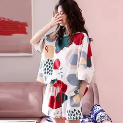 2021 New Pajamas Women Summer Thin Cotton Short-sleeved Shorts Korean Student Cartoon Print  Womens Two Piece Sets